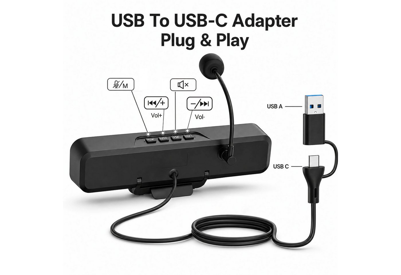 Bolwins E27C PC Lautsprecher mit Mikrofon, USB Soundbar für Monitor & Laptop PC-Lautsprecher nicht relevant (nicht relevant, 10 W, Monitor-Clip, AEC-Mikrofon, 1 – Bild 4 von 5