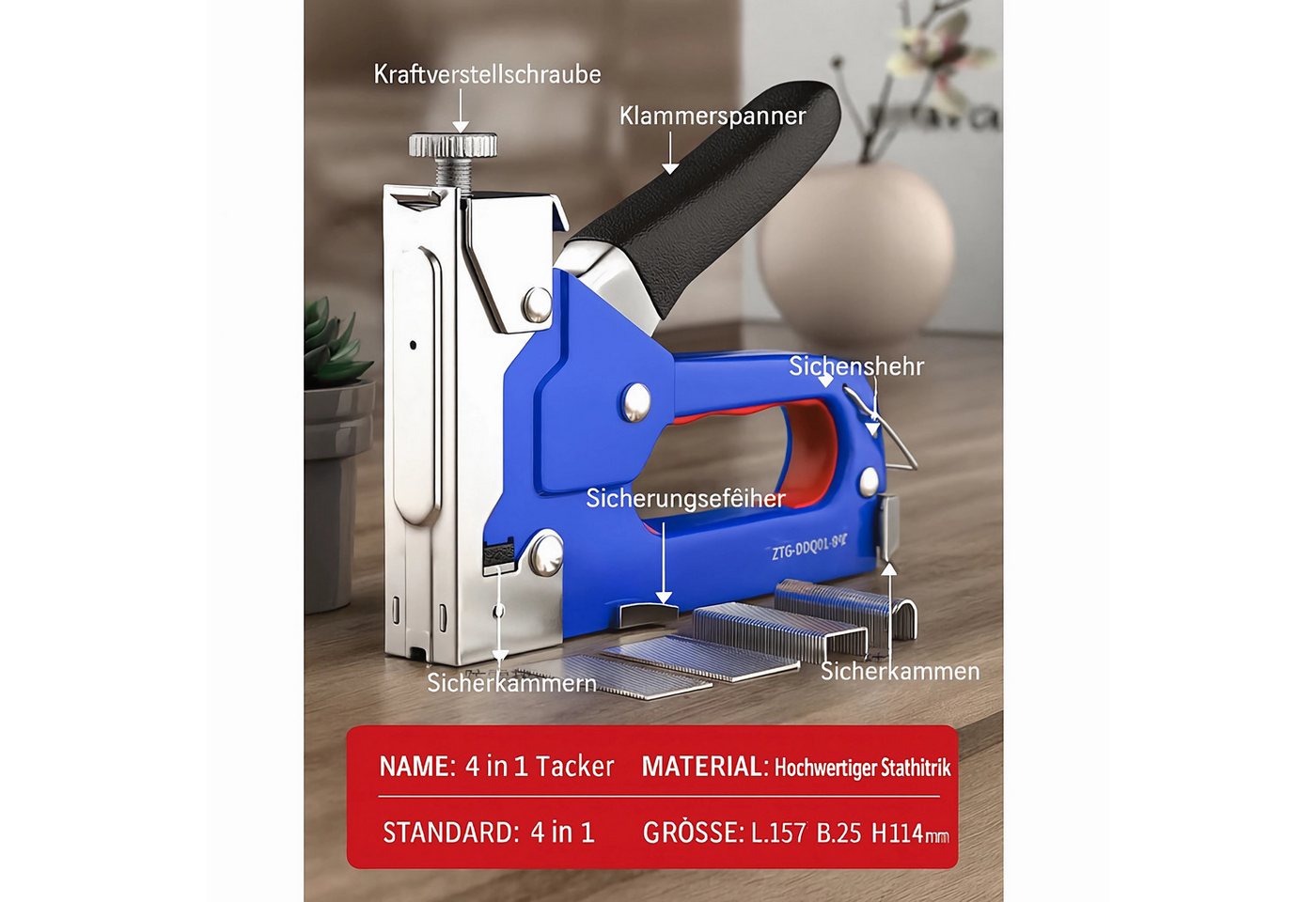 Bolwins Handtacker A07C 4in1 Profi Handtacker mit 800 Klammern Tacker Hefter Heftklammer, 0 in V, 4-in-1 Handtacker, Einstellbare Schlagkraft – Bild 3 von 5