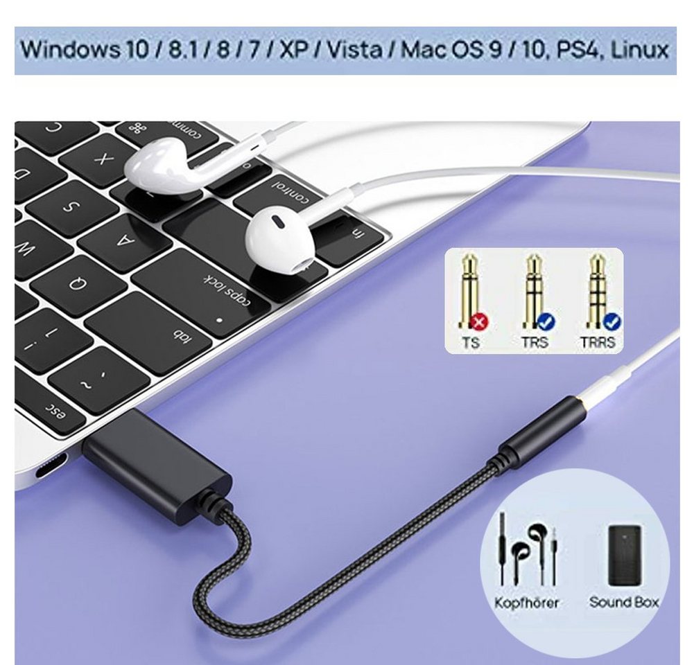Bolwins L05 USB zu 3,5mm Audio Adapter Kabel f Kopfhörer Lautsprecher Mikrofon Audio-Kabel, USB Typ-A Stecker, 3,5 mm Klinkenbuchse (TRRS / TRS, CTIA & OMTP) (1 – Bild 3 von 5