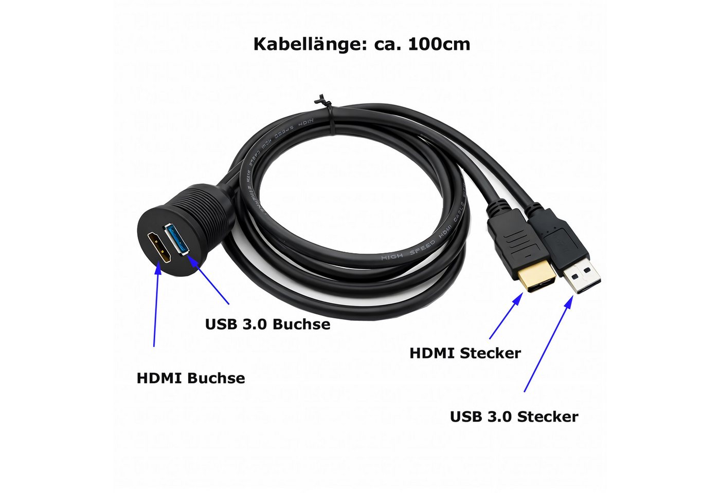 Bolwins L38C USB 3.0 A + HDMI Verlängerung Panel-Mount 1m Kabel Armaturenbrett HDMI-Kabel, USB 3.0 A + HDMI, USB 3.0 + HDMI (100 cm), 2-in-1 Kombikabel – USB 3. – Bild 5 von 5