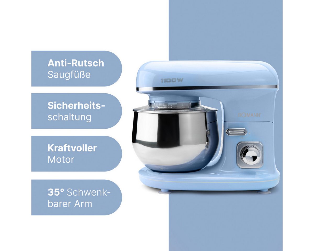 BOMANN Küchenmaschine KM 6030 CB blau, Küchenmaschine 1100 Watt, Knetmaschine 5 Liter – Bild 4 von 5