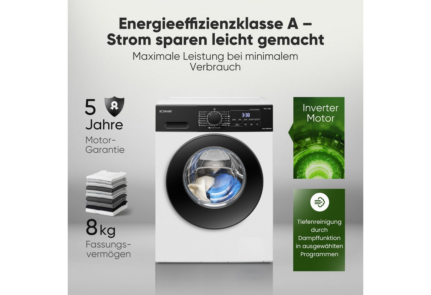 BOMANN Waschmaschine WA 7188, 8 kg, 1400 U/min, 8kg, Invertermotor, 5 Jahre Motor-Garantie – Bild 2 von 5