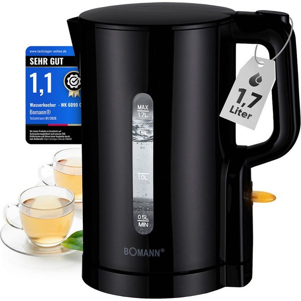 BOMANN Wasserkocher WK 6090 CB, Wasserkocher 1,7L, 2200W, Einhandbedienung