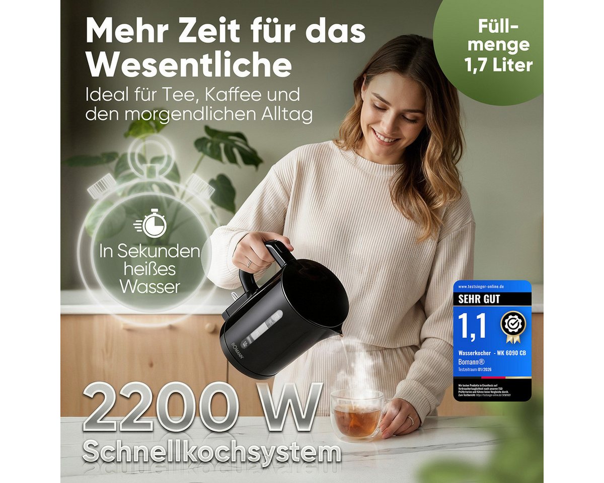 BOMANN Wasserkocher WK 6090 CB, Wasserkocher 1,7L, 2200W, Einhandbedienung – Bild 2 von 5
