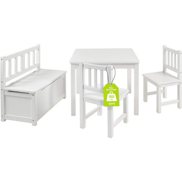 BOMI Kindersitzgruppe Holzsitzgruppe Anna, (Set, 4-tlg., 1x Tisch, 1x Truhenbank & 2x Stühle), Kindertischgruppe aus Holz, als Spiel- & Maltisch