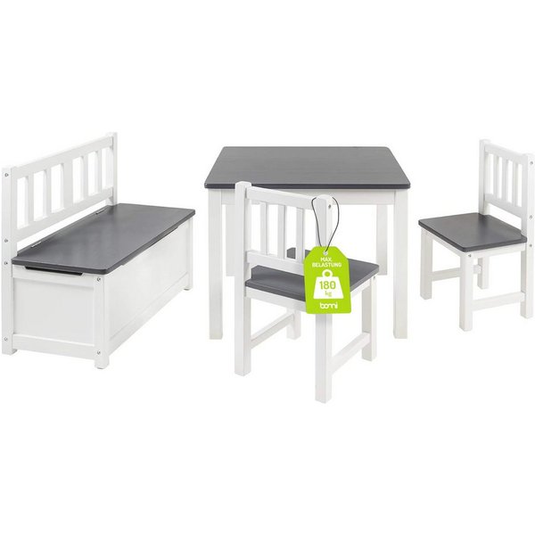 BOMI Kindersitzgruppe Holzsitzgruppe Anna, (Set, 4-tlg., 1x Tisch, 1x Truhenbank & 2x Stühle), Kindertischgruppe aus Holz, als Spiel- & Maltisch