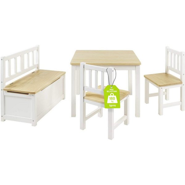 BOMI Kindersitzgruppe Holzsitzgruppe Anna, (Set, 4-tlg., 1x Tisch, 1x Truhenbank & 2x Stühle), Kindertischgruppe aus Holz, als Spiel- & Maltisch