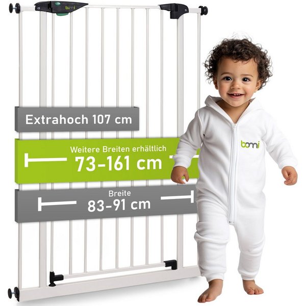BOMI Türschutzgitter Kinderschutzgitter extra hoch, ohne Bohren, Mira 73-161 cm (Hundegitter & Kindergitter klemmbar, weiß, Metall), Treppenschutzgitter mit 90°