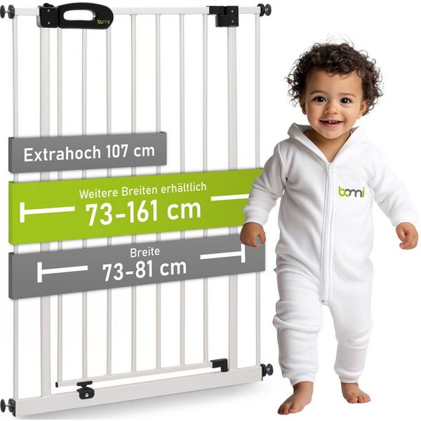 BOMI Türschutzgitter Kinderschutzgitter Merle, Extra Hoch, Breite 73-161 cm (ohne Bohren, klemm- und verschraubbar, Weiß, Metall), Treppenschutzgitter mit 90°-F