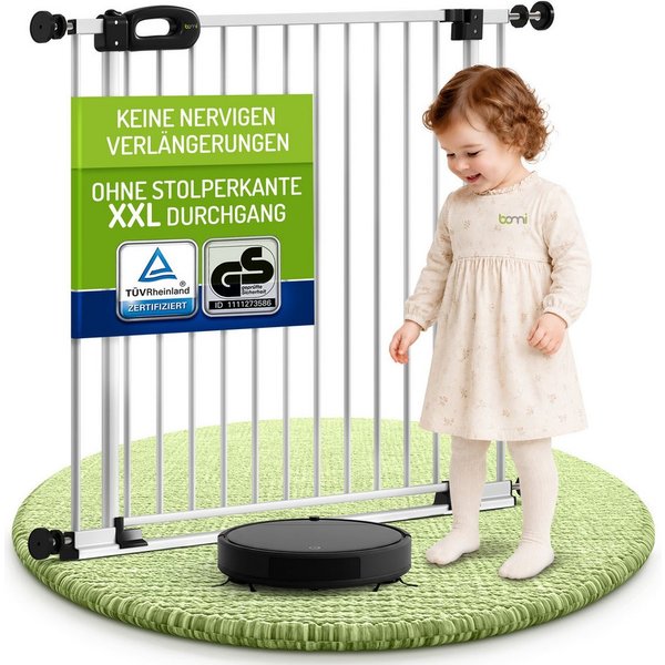 BOMI Türschutzgitter Treppenschutzgitter Merle Flatstep, Babygitter flacher Steg, 63-217 cm (verschiedene Größen, klemm- & verschraubbar), 2-Wege-Öffnung, geprü