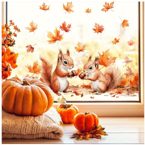 Bomiclss Fensterbild Fensterbilder Herbst Eichhörnchen 30 × 60 cm Doppelseitig,2 Tickets, Herbst Fensteraufkleber, Statische Haftung, Wiederverwendbar