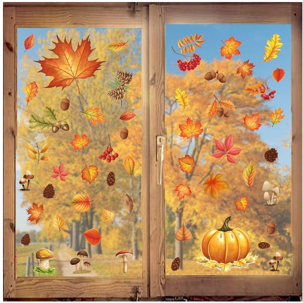 Bomiclss Fensterfolie Fensterbilder Herbst, Herbstdeko,Erntedankfest Fensterbilder, Selbstklebend Herbst Deko Aufklebe, für Fenster Kinderzimmer Cafés Halloween