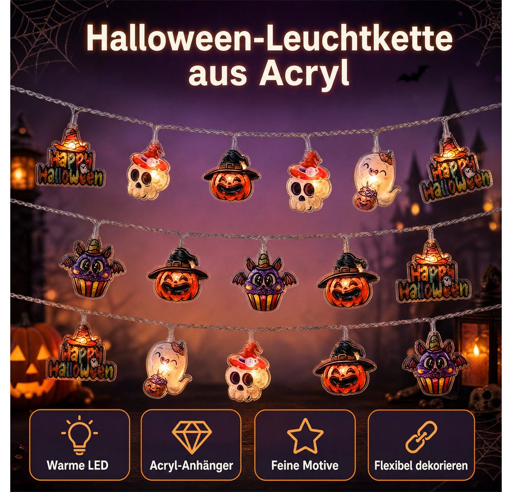 Bomiclss LED-Lichterkette Halloween Lichterkette, 3M 20LED Kürbis Lichterkette Batterie, 2 Modi Wetterfest Halloween Deko Outdoor für Garten, Party – Bild 3 von 5