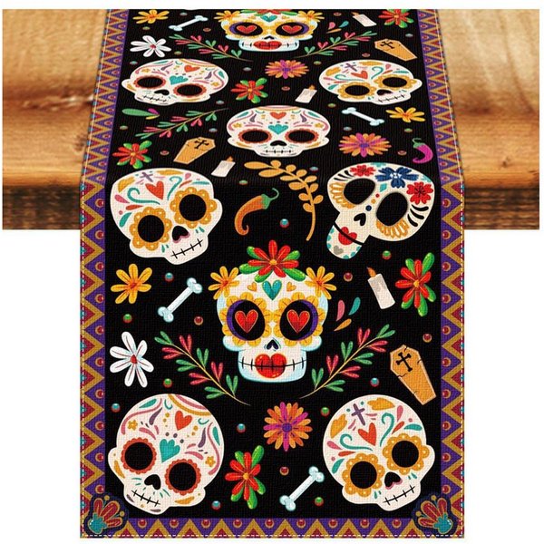 Bomiclss Tischläufer Halloween, Dia de los Muertos Tischdeko (1-tlg), Dekorativer Tischläufer für Herbst Party und Esstisch