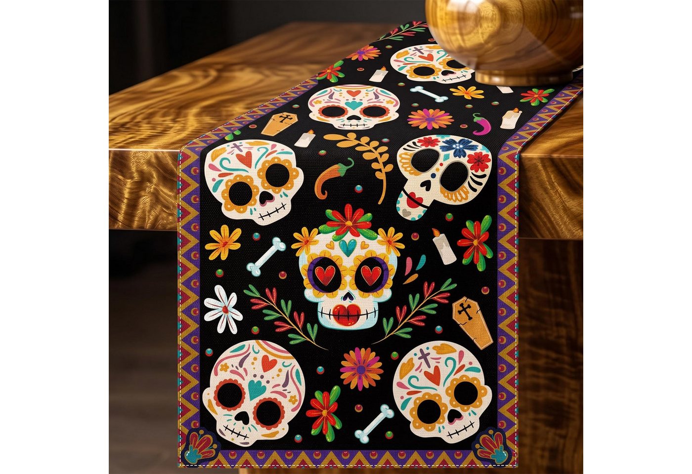 Bomiclss Tischläufer Halloween, Dia de los Muertos Tischdeko (1-tlg), Dekorativer Tischläufer für Herbst Party und Esstisch – Bild 2 von 5
