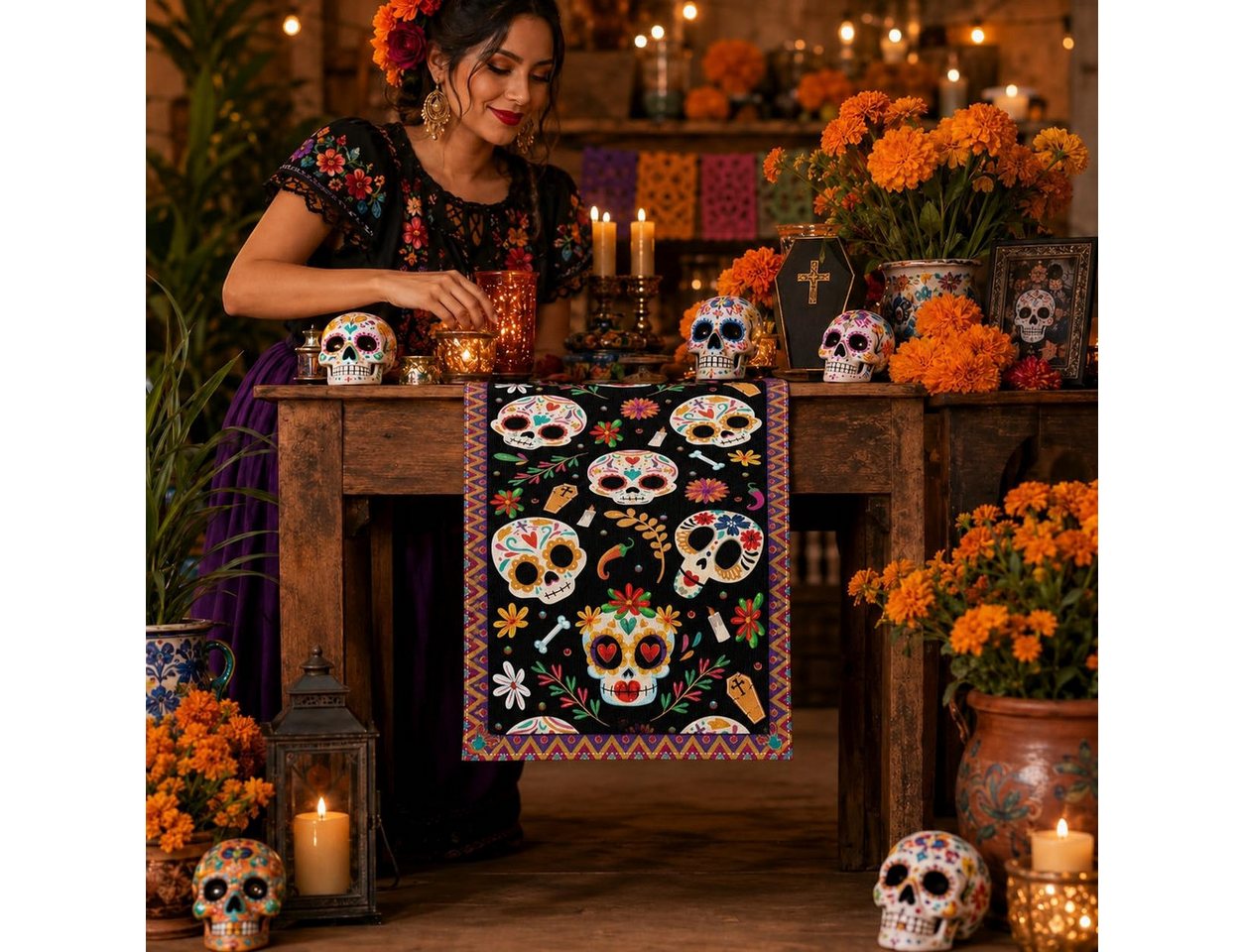 Bomiclss Tischläufer Halloween, Dia de los Muertos Tischdeko (1-tlg), Dekorativer Tischläufer für Herbst Party und Esstisch – Bild 5 von 5