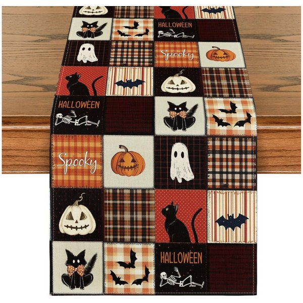 Bomiclss Tischläufer Halloween Tischläufer mit schwarzer Katze, Fledermaus- und Kürbismotiv, Tischdekoration für Halloween, Party und Esstisch