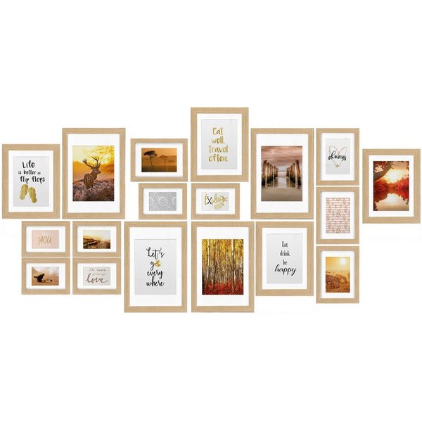bomoe Bilderrahmen 18er Bilderrahmen Set Passion, Fotowand Bilder Eiche, 6x 10x15 cm, 4x 13x18 cm, 4x 18x24 cm, 4x 20x30 cm mit Passepartout