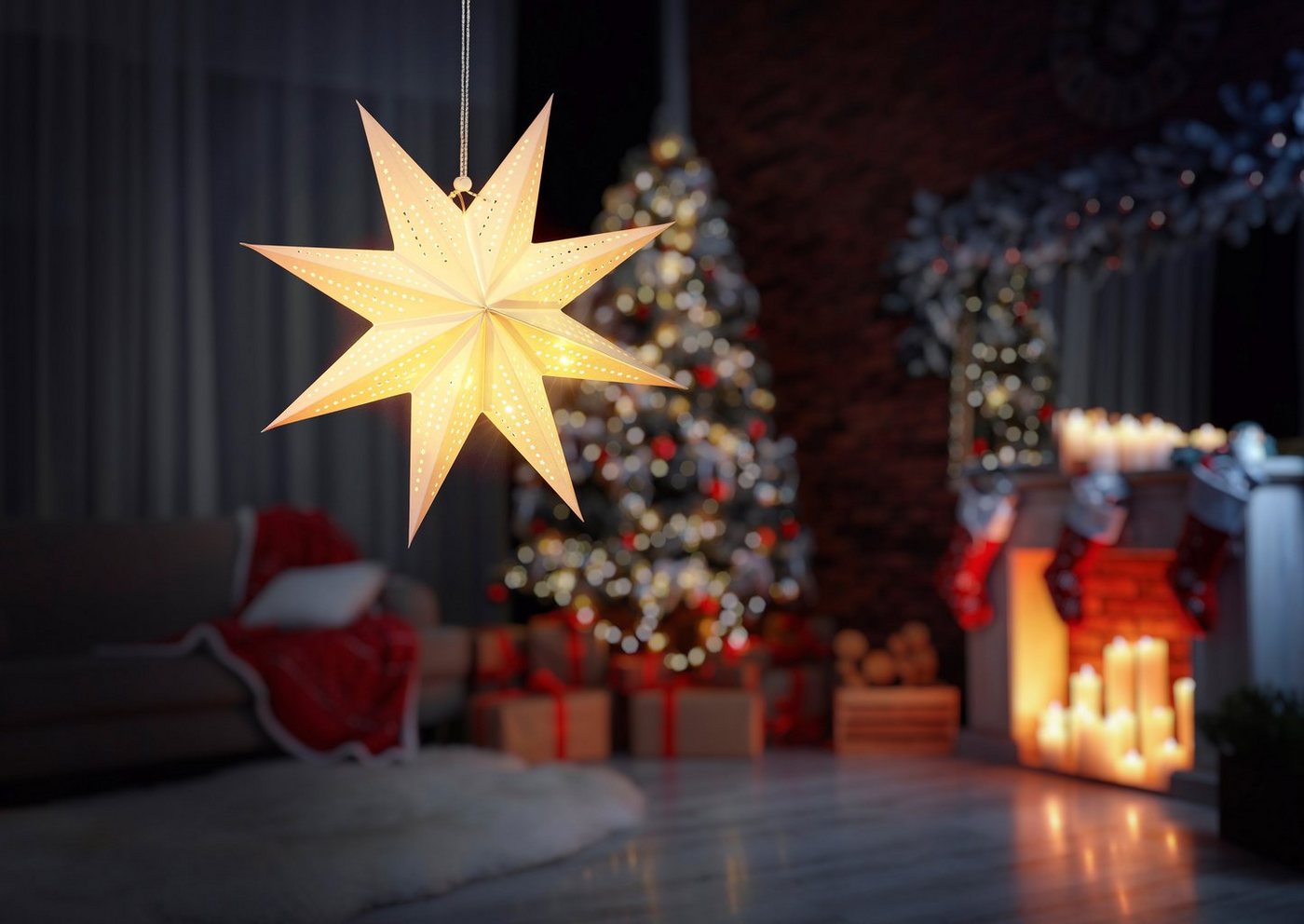 BONETTI LED Stern Weihnachtsstern, LED fest integriert, Warmweiß, Ø ca. 45 cm, Papierstern, mit 9 Spitzen, Weihnachtsdeko – Bild 5 von 5