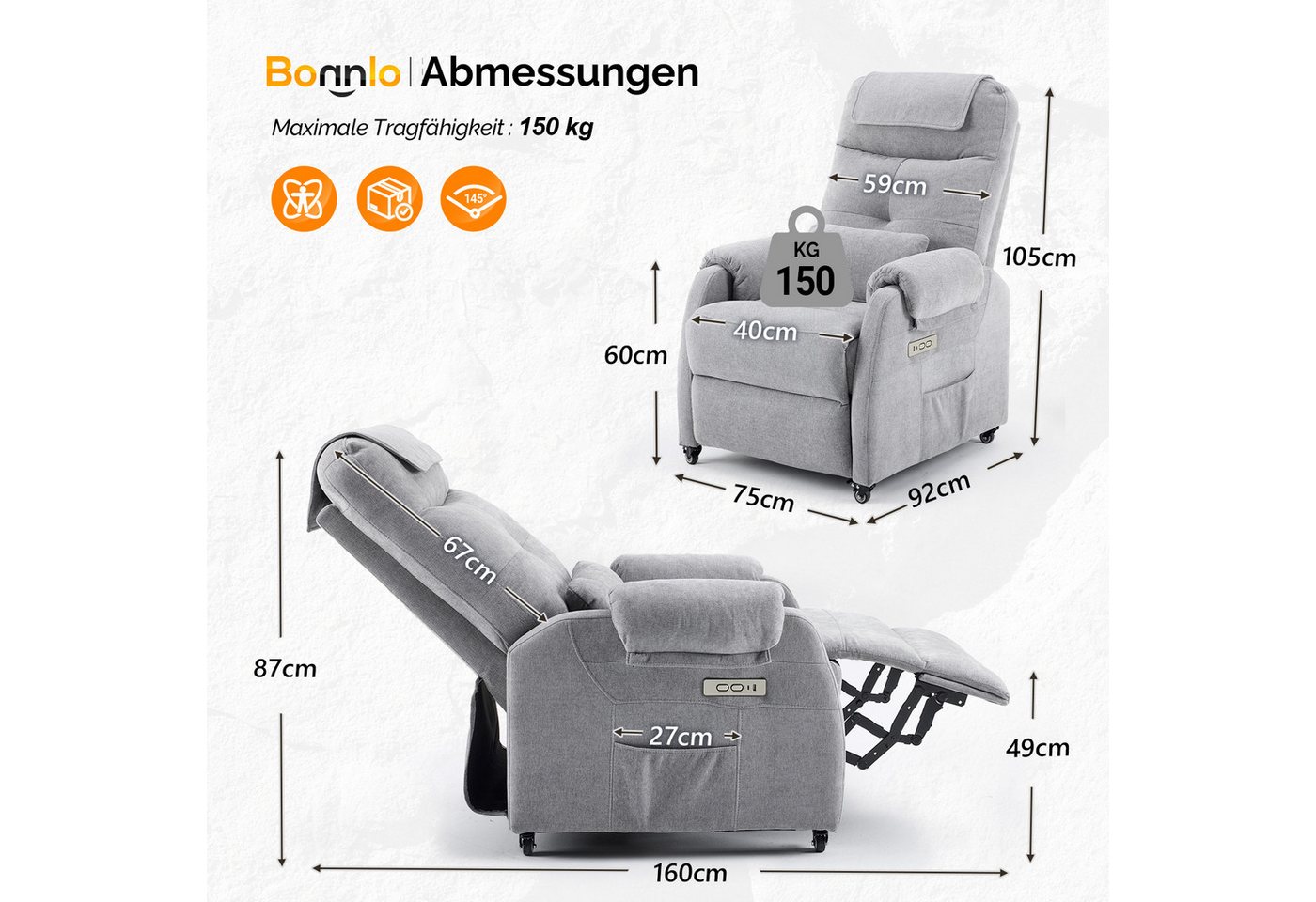 Bonnlo Relaxsessel mit Liegefunktion, 6-Punkt-Massage & Wärmefunktion, USB-C & USB-A (1-St), Liegefunktion, TV Sessel, 6-Punkt-Massage & Wärmefunktion – Bild 2 von 5