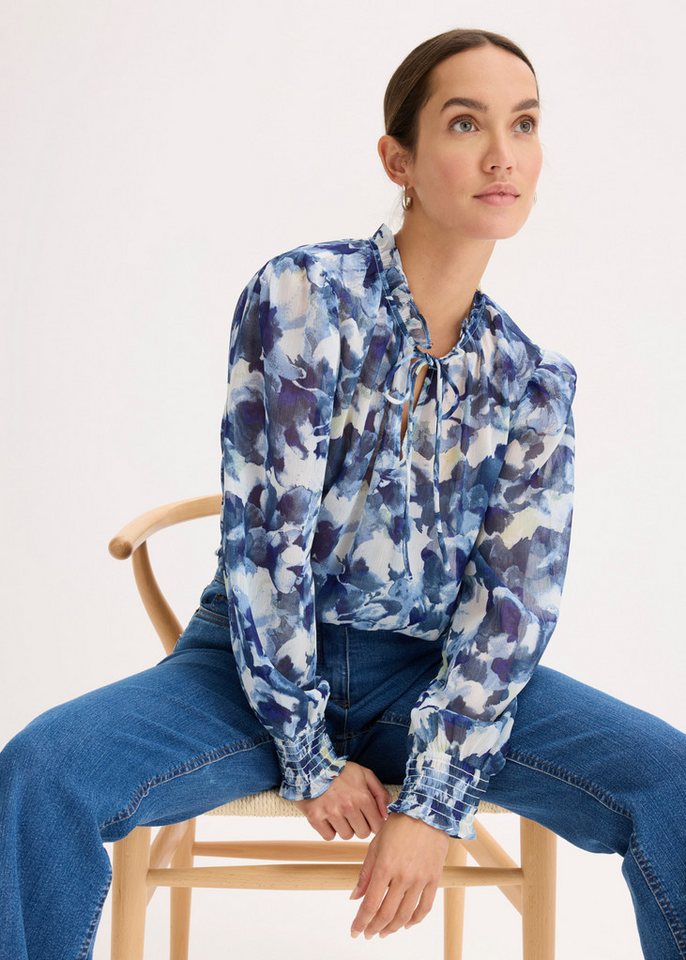 bonprix Chiffonbluse mit floralem Print, figurumspielende Passform, ohne Kragen – Bild 2 von 5