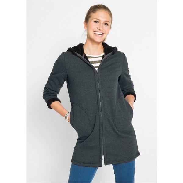bonprix Kapuzensweatjacke mit Kapuze, mit Teddyfell-Futter, 2-Wege-Zipper