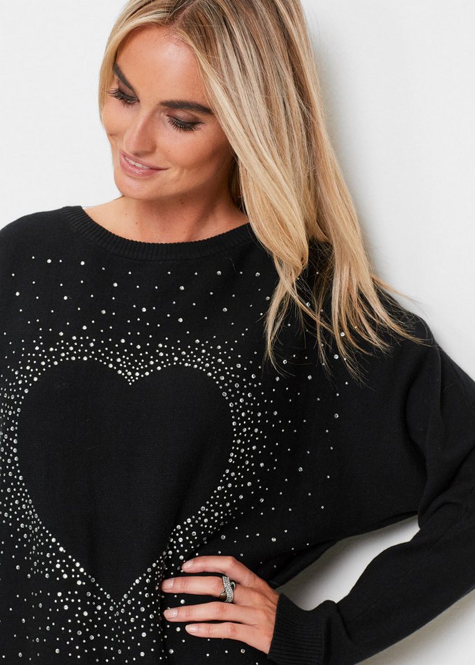 bonprix Longpullover aus Baumwoll-Mix, mit Fledermausärmeln, mit Glitzersteinchen – Bild 4 von 5