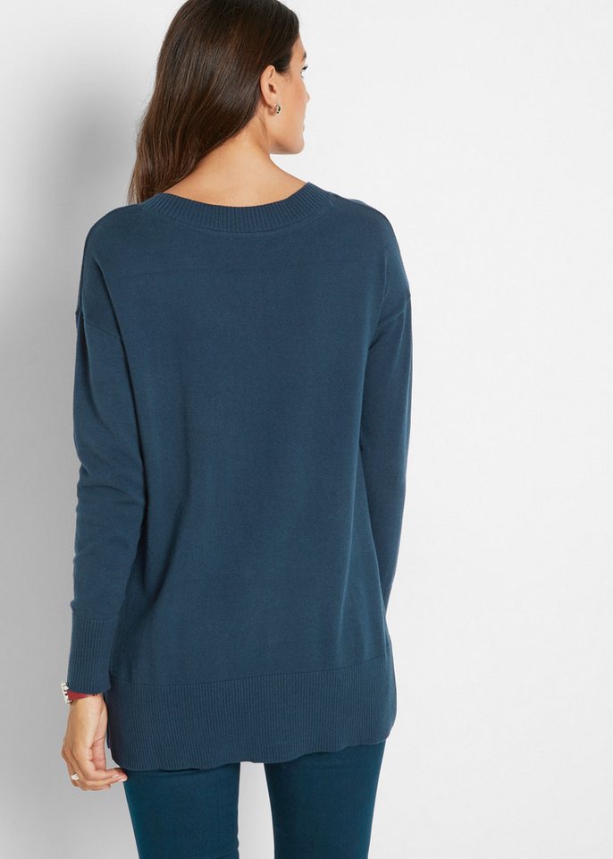 bonprix Longpullover Feinstrick-Baumwollmischung, mit V-Ausschnitt, mit Seitenschlitzen – Bild 2 von 5