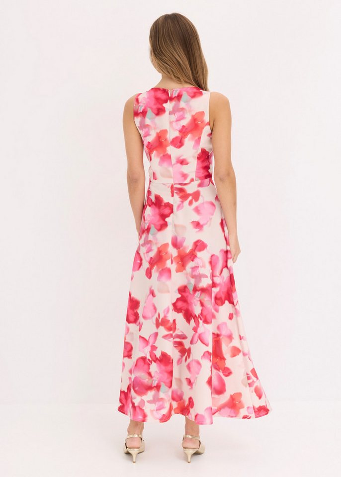 bonprix Maxikleid ausgestellte Passform, glänzender Satin mit floralem Print, ärmellos – Bild 2 von 5