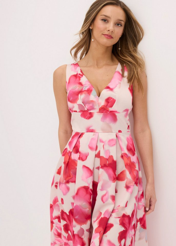 bonprix Maxikleid ausgestellte Passform, glänzender Satin mit floralem Print, ärmellos – Bild 3 von 5