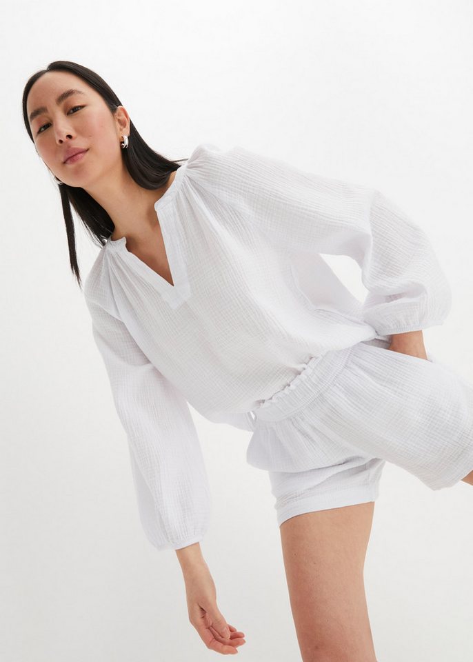 bonprix Shirtbluse Oversize-Passform, mit V-Ausschnitt, aus Baumwolle, 3/4-Ärmeln – Bild 2 von 5