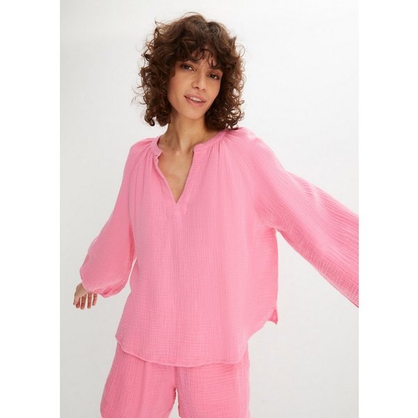 bonprix Shirtbluse Oversize-Passform, mit V-Ausschnitt, aus Baumwolle, 3/4-Ärmeln