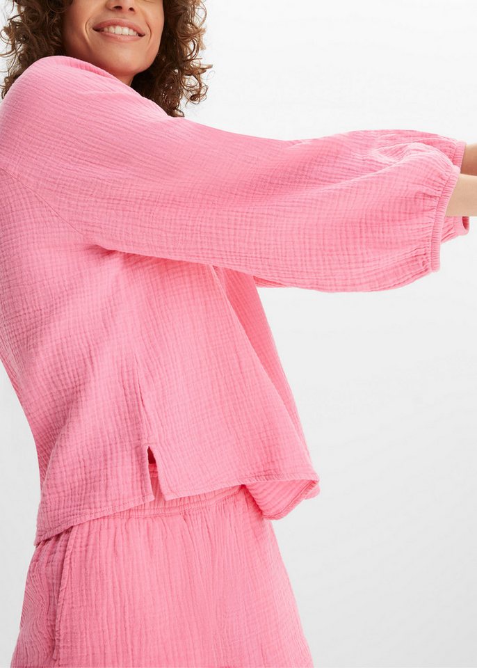 bonprix Shirtbluse Oversize-Passform, mit V-Ausschnitt, aus Baumwolle, 3/4-Ärmeln – Bild 4 von 5