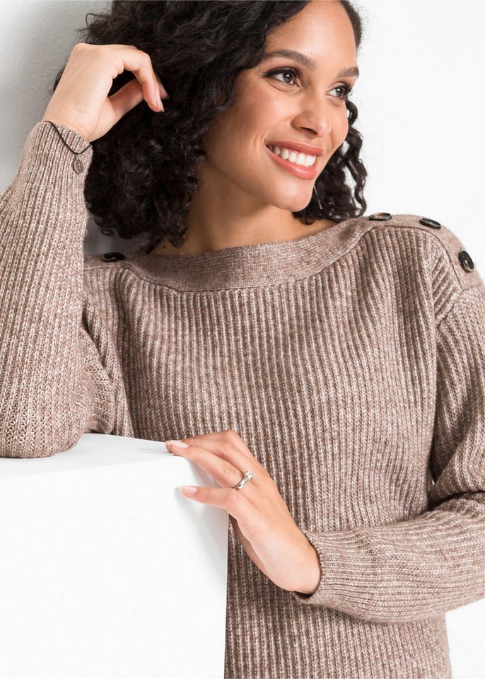 bonprix Strickpullover in Melange-Optik, leicht überschnittene Schultern mit Knopfverzierung – Bild 2 von 5