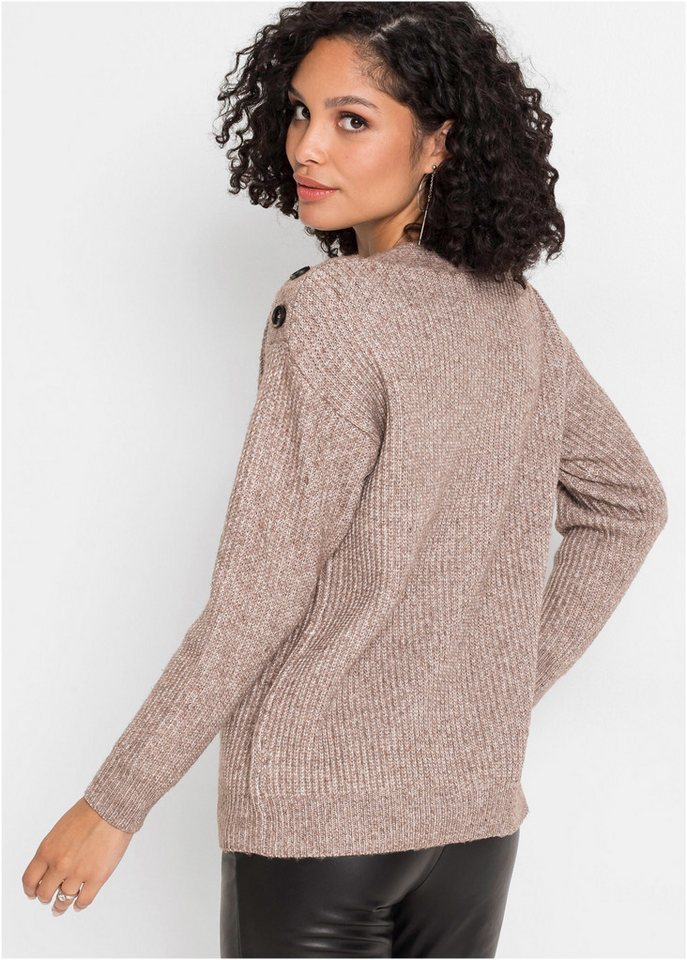 bonprix Strickpullover in Melange-Optik, leicht überschnittene Schultern mit Knopfverzierung – Bild 3 von 5