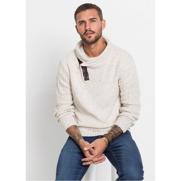 bonprix Strickpullover mit Schalkragen und Knopfverschluss, Langarm