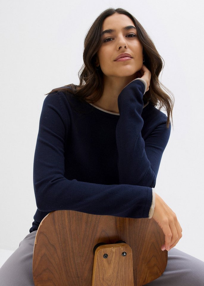 bonprix Strickpullover weiches Material, mit kontrastfarbiger Rollkante – Bild 2 von 5