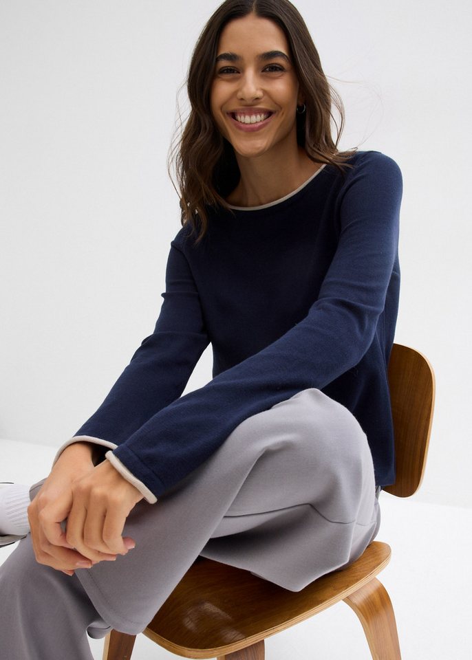 bonprix Strickpullover weiches Material, mit kontrastfarbiger Rollkante – Bild 3 von 5