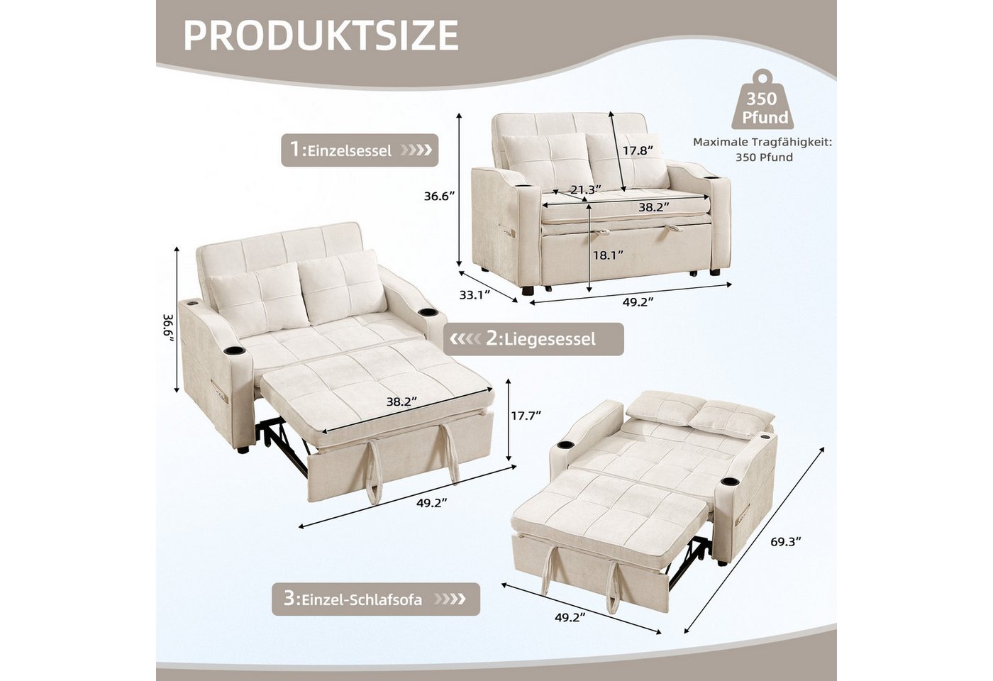 Bonzy Home Schlafsofa 2-Sitzer Schlafsofa, mit Getränkehaltern und Seitentasche, 93*84*125cm, mit Ladeanschluss und Seitentaschen – Bild 2 von 5