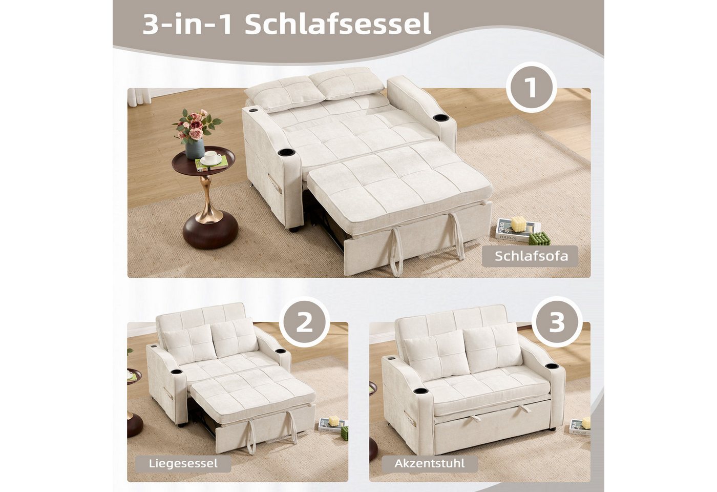 Bonzy Home Schlafsofa 2-Sitzer Schlafsofa, mit Getränkehaltern und Seitentasche, 93*84*125cm, mit Ladeanschluss und Seitentaschen – Bild 3 von 5