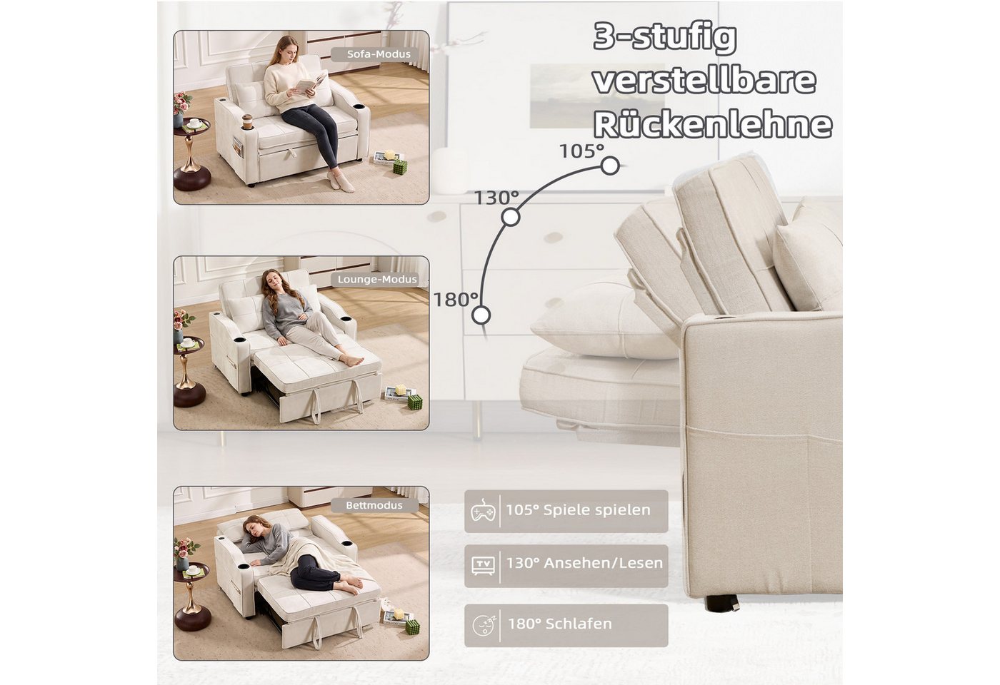 Bonzy Home Schlafsofa 2-Sitzer Schlafsofa, mit Getränkehaltern und Seitentasche, 93*84*125cm, mit Ladeanschluss und Seitentaschen – Bild 4 von 5