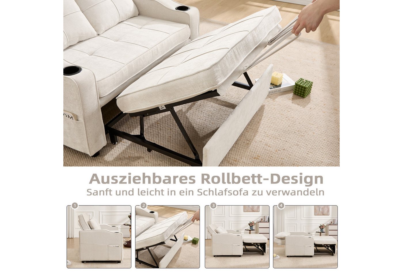 Bonzy Home Schlafsofa 2-Sitzer Schlafsofa, mit Getränkehaltern und Seitentasche, 93*84*125cm, mit Ladeanschluss und Seitentaschen – Bild 5 von 5