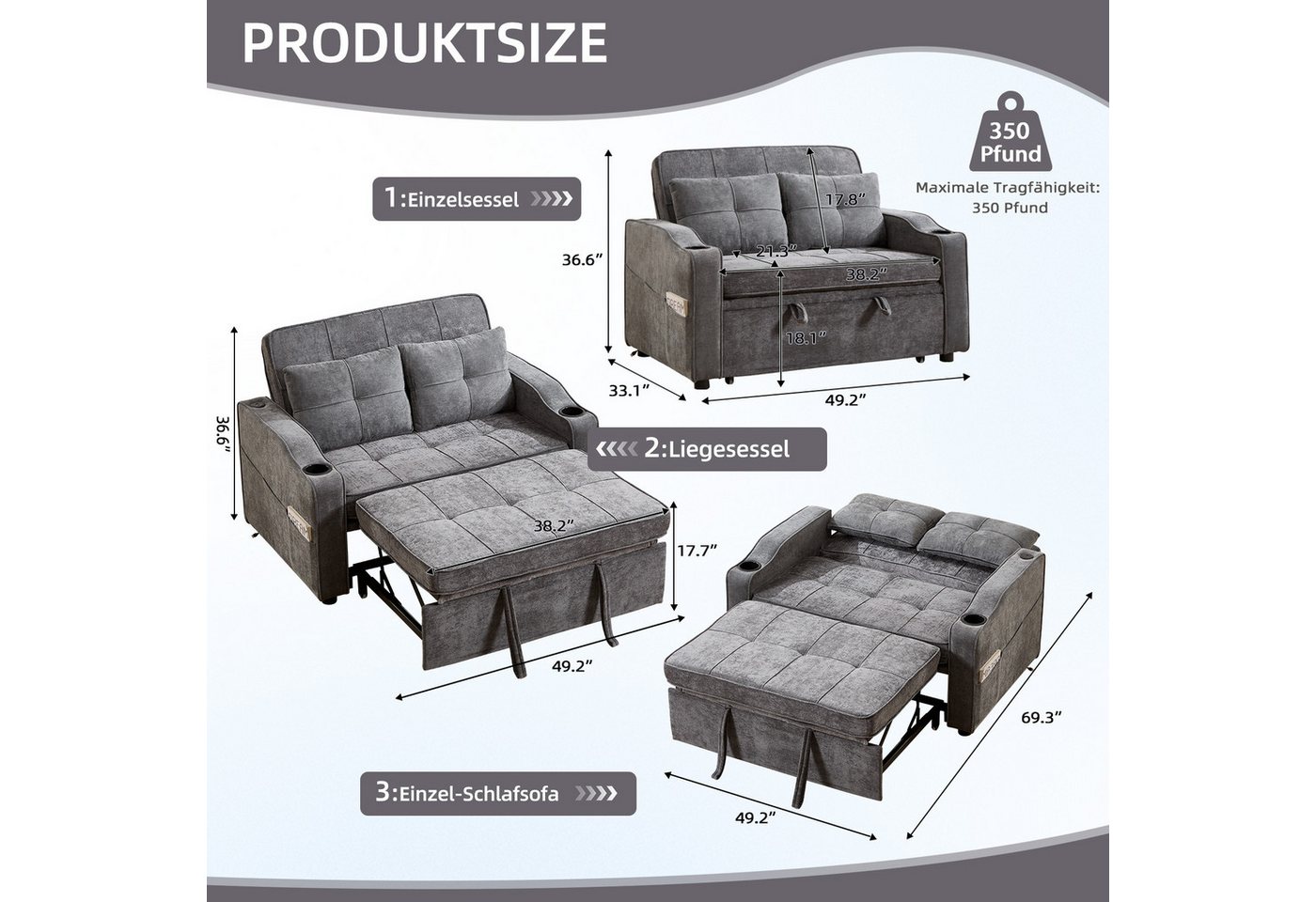 Bonzy Home Schlafsofa 2-Sitzer Schlafsofa, mit Getränkehaltern und Seitentasche, 93*84*125cm, mit Ladeanschluss und Seitentaschen – Bild 2 von 5