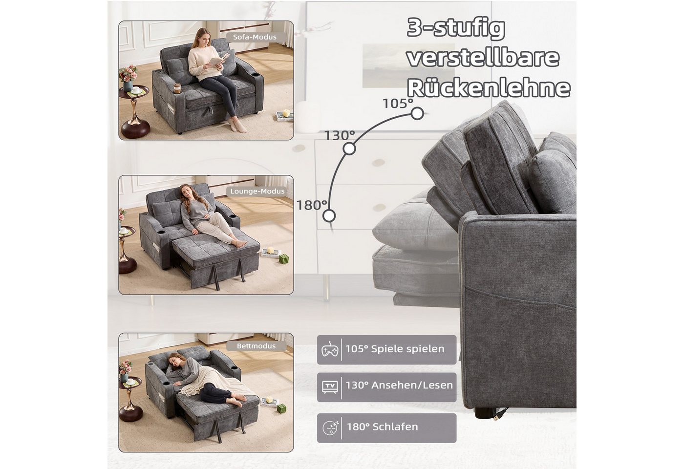 Bonzy Home Schlafsofa 2-Sitzer Schlafsofa, mit Getränkehaltern und Seitentasche, 93*84*125cm, mit Ladeanschluss und Seitentaschen – Bild 4 von 5