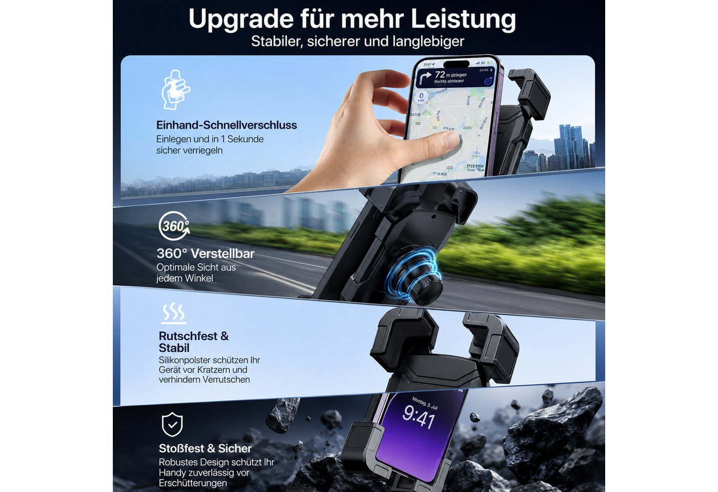 BOOD Handy-Halterung 360° drehbar, für 4,7‑6,7 Zoll Smartphones, Lenker 22‑28 mm, schwarz, (bis 6,7 Zoll, Packung, 1-tlg., Montage erforderlich, Handy‑Lenkerhal – Bild 3 von 5