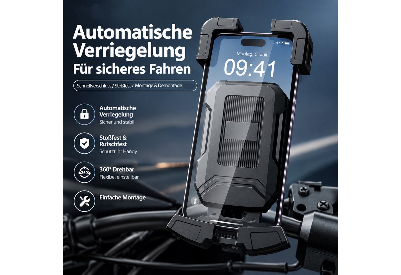 BOOD Handy-Halterung 360° drehbar, für 4,7‑6,7 Zoll Smartphones, Lenker 22‑28 mm, schwarz, (bis 6,7 Zoll, Packung, 1-tlg., Montage erforderlich, Handy‑Lenkerhal – Bild 4 von 5