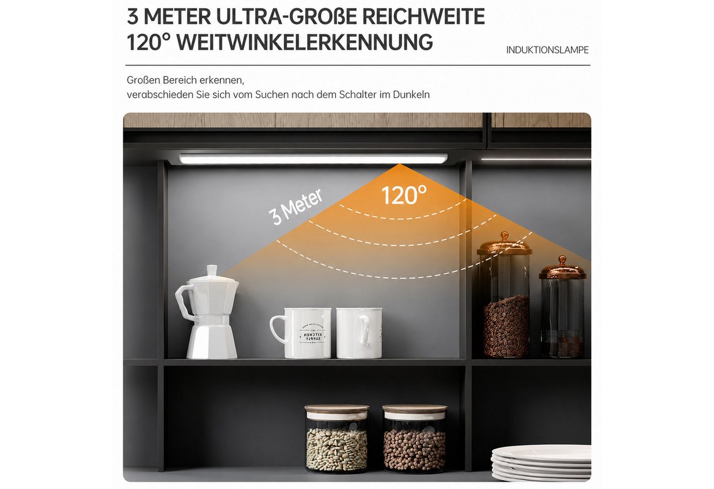 BOOD LED Unterbauleuchte mit Bewegungsmelder und Lichtsensor,20/30/40cm&1100/1800/2200mAh, USB-C wiederaufladbar,Einfach Montage Stark,schrankbeleuchtung, Warmw – Bild 4 von 5