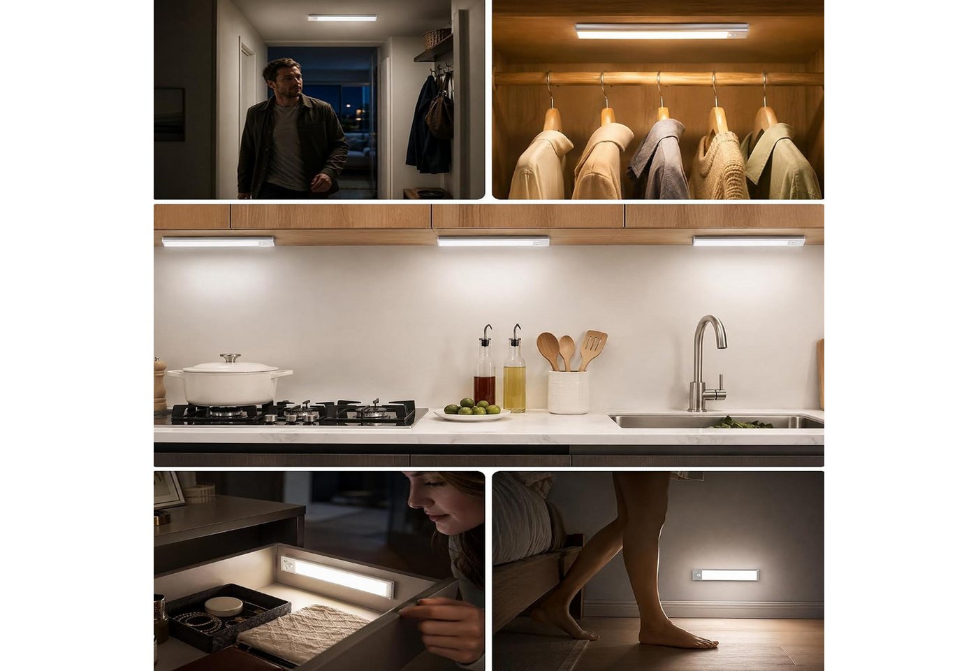 BOOD LED Unterbauleuchte mit Bewegungsmelder und Lichtsensor,20/30/40cm&1100/1800/2200mAh, USB-C wiederaufladbar,Einfach Montage Stark,schrankbeleuchtung, Warmw – Bild 5 von 5