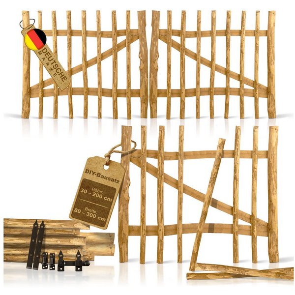 BooGardi Gartentor Staketentor Bausatz Haselnuss Holz, (DIY Gartentür · 80 cm breit x 50 cm hoch · Lattenabstand 3-5), Einflügel- & Doppelflügel-Tor · Staketenz