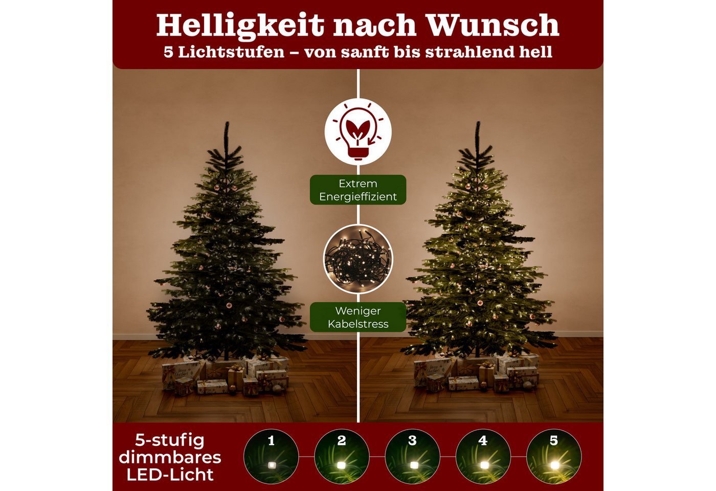 BoomDing Künstlicher Weihnachtsbaum Tannenbaum Weihnachtsbaum mit LED - 180, 210, 240 cm Höhe, Christbaum mit Metallständer und wünderschöner LED Beleuchtung – Bild 3 von 5